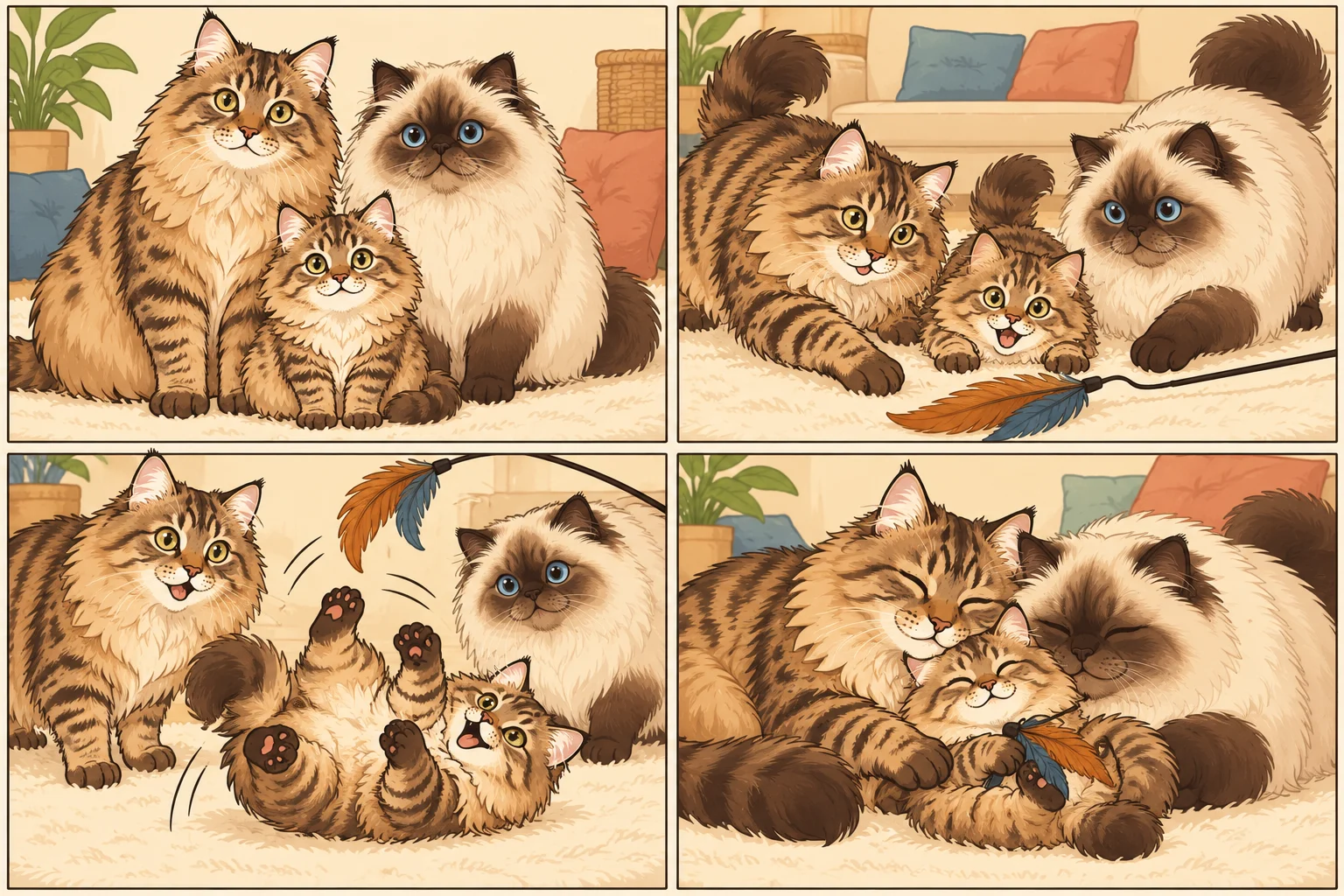 ハイランダー(Highlander) + ヒマラヤンと架空の子猫ミルク泡が遊ぶAI家族漫画。羽を追いかける小さな冒険、4コマ、文字なし。