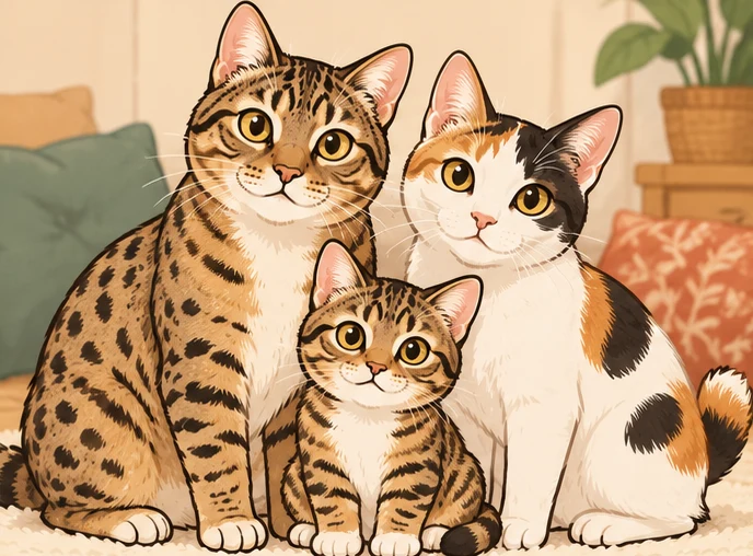 高地短毛猫(Highlander Shorthair) × 日本短尾猫与虚拟后代小榛果的AI家庭合影