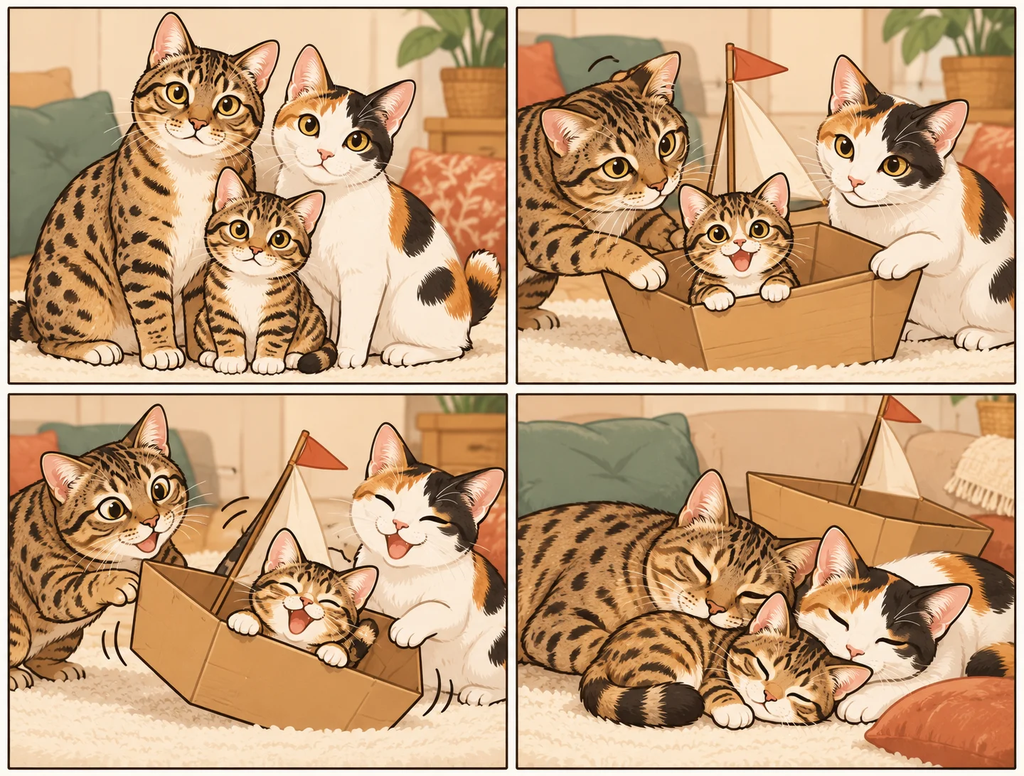 ハイランダー・ショートヘア(Highlander Shorthair) + ジャパニーズボブテイルと架空の子猫ちいさなヘーゼルが遊ぶAI家族漫画。段ボールの船で出発、4コマ、文字なし。