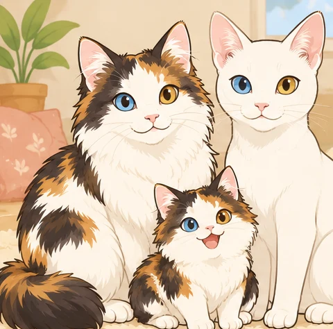 日本短尾猫长毛型 × 考曼尼猫(Khaomanee)与虚拟后代桂花糕的AI家庭合影