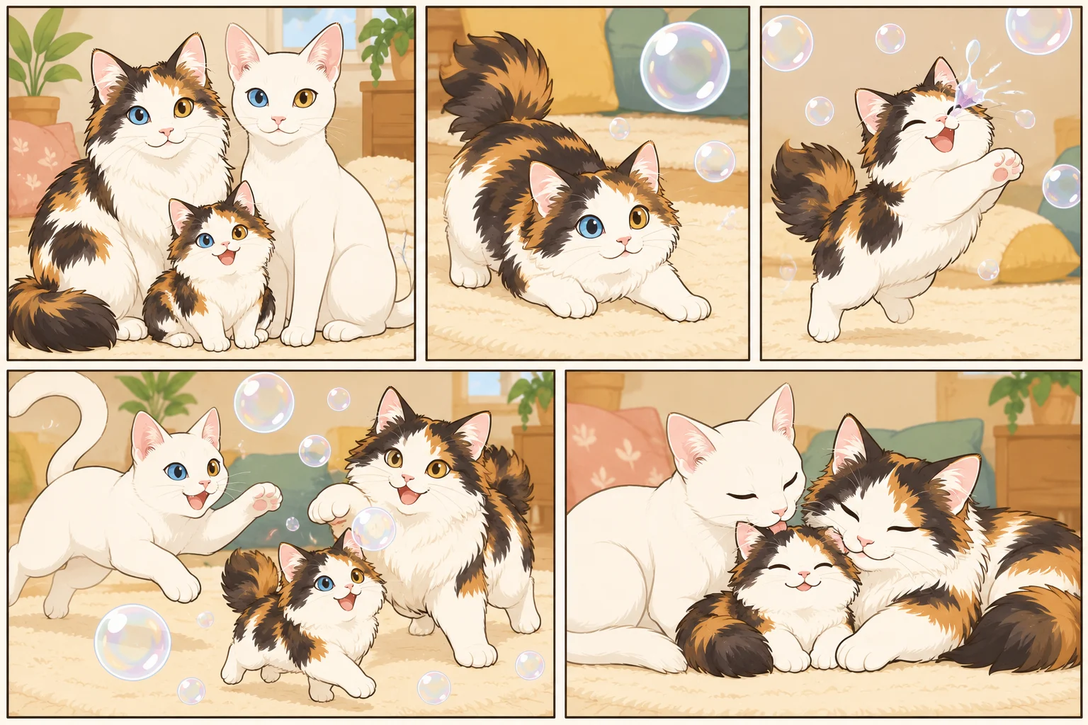 ジャパニーズボブテイル・ロングヘア + カオマニー(Khaomanee)と架空の子猫金木犀ケーキが遊ぶAI家族漫画。シャボン玉の小さなチャンピオン、5コマ、文字なし。