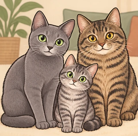 科拉特猫(Korat) × 千岛短尾猫与虚拟后代糖雪球的AI家庭合影