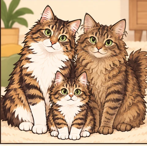 库里尔短尾猫长毛型(Kurilian Bobtail Longhair) × 拉波姆猫(LaPerm)与虚拟后代小松饼的AI家庭合影