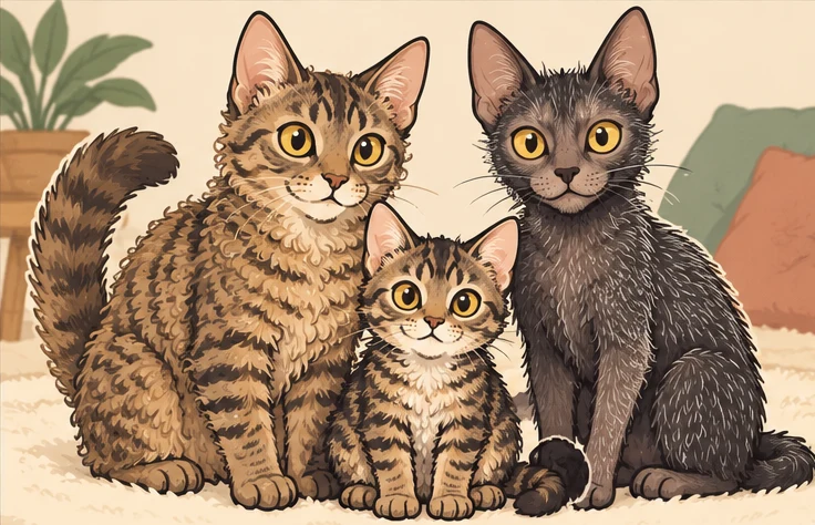 短毛拉邦猫(LaPerm Shorthair) × 狼猫(Lykoi)与虚拟后代咖啡豆的AI家庭合影