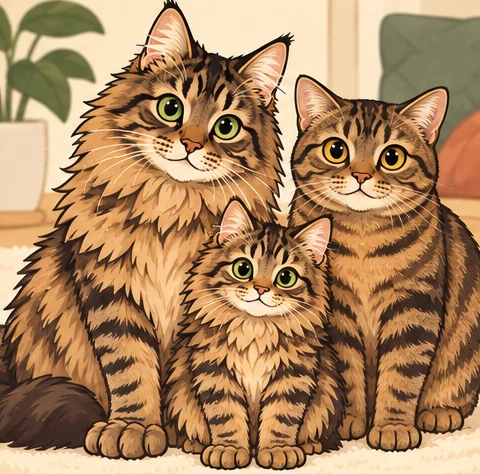 多趾缅因猫(Maine Coon Polydactyl) × 曼岛猫与虚拟后代杏仁酥的AI家庭合影