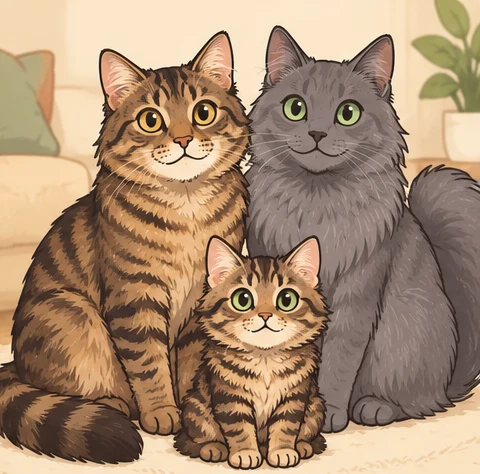 有尾马恩岛猫(Manx Tailed) × 尼伯龙猫(Nebelung)与虚拟后代蜜桃云的AI家庭合影