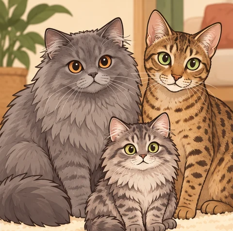 长毛米努特猫(Minuet Longhair) × 欧西猫(Ocicat)与虚拟后代蓝莓饼的AI家庭合影