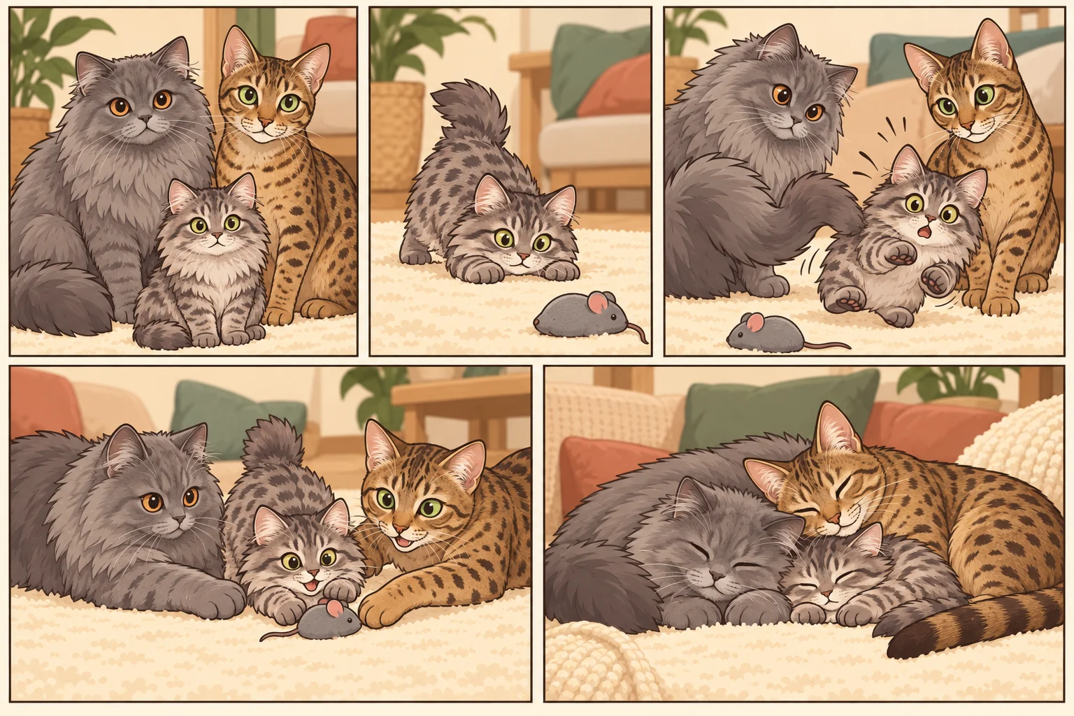 미뉴에트 롱헤어(Minuet Longhair) + 오시캣와 가상 아기 고양이 블루베리 비스킷가 함께 노는 AI 가족 만화: 장난감 쥐 모험, 5칸, 글 없음.