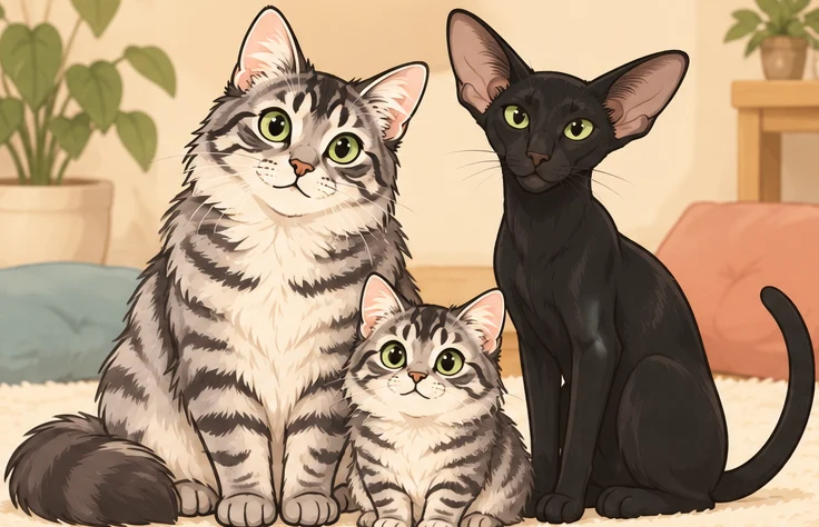 小步舞曲猫正常腿长长毛型(Minuet Talls Longhair) × 东方短毛猫与虚拟后代糯米团的AI家庭合影