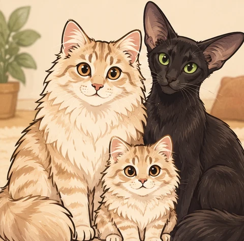 长腿米努特猫(Minuet Talls) × 东方长毛猫与虚拟后代小雪糕的AI家庭合影