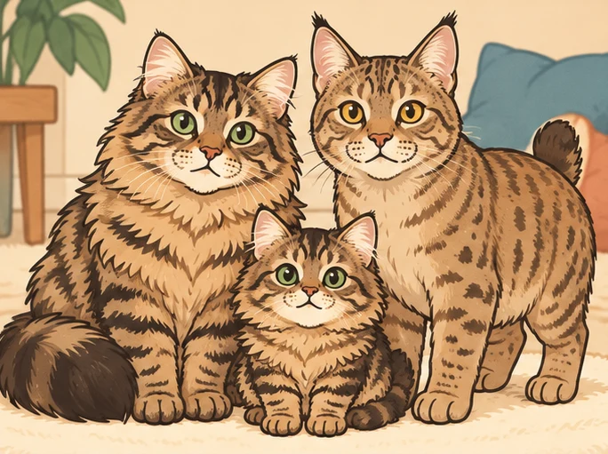 曼基康长毛猫 × 精灵短尾猫(Pixiebob)与虚拟后代小太阳的AI家庭合影
