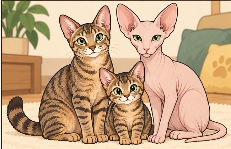 曼基康猫(Munchkin) × 彼得秃猫(Peterbald)与虚拟后代泡芙的AI家庭合影