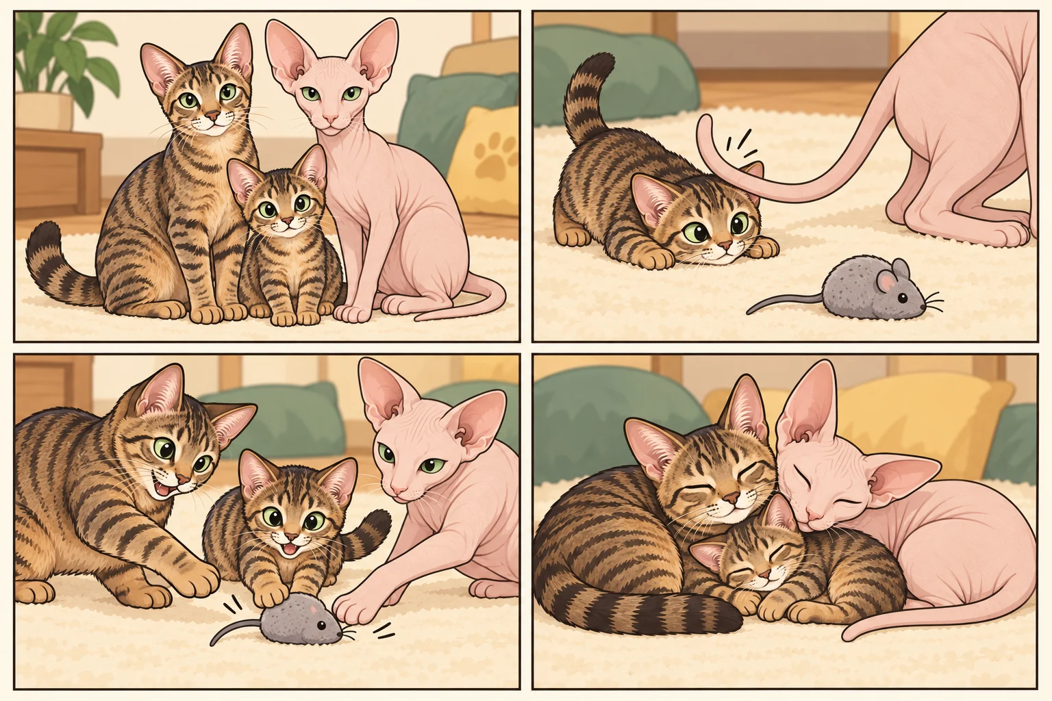 먼치킨(Munchkin) + 피터볼드(Peterbald)와 가상 아기 고양이 슈크림가 함께 노는 AI 가족 만화: 장난감 쥐 모험, 4칸, 글 없음.