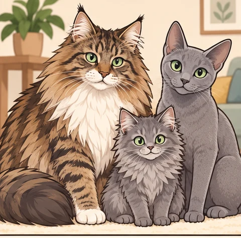 挪威森林猫 × 俄罗斯蓝猫与虚拟后代银雾松的AI家庭合影