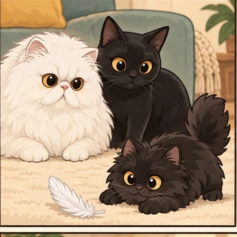波斯猫 × 孟买猫与虚拟后代黑绒云的AI家庭合影