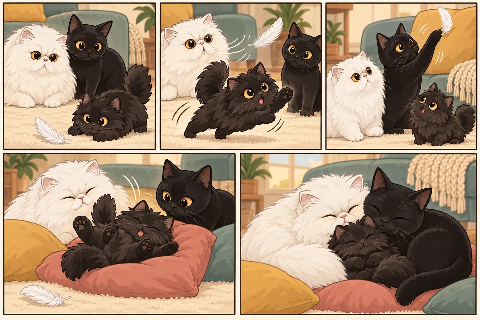 波斯猫 + 孟买猫与虚拟小猫黑绒云一起玩耍的 AI 卡通家庭漫画:追逐羽毛的小冒险,共5格,无文字。