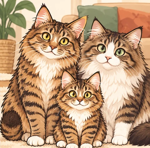 长毛皮克西短尾猫(Pixiebob Longhair) × 褴褛猫(Ragamuffin)与虚拟后代柠檬糖的AI家庭合影