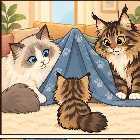 布偶猫 × 缅因猫与虚拟后代森林棉花的AI家庭合影