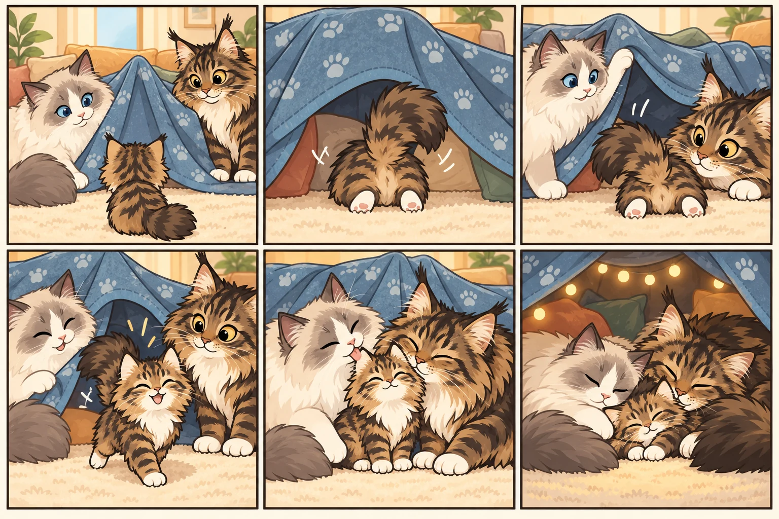 布偶猫 + 缅因猫与虚拟小猫森林棉花一起玩耍的 AI 卡通家庭漫画:毯子里的捉迷藏,共6格,无文字。