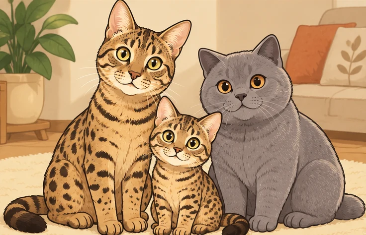 萨凡纳猫 × 苏格兰立耳猫与虚拟后代小布丁的AI家庭合影