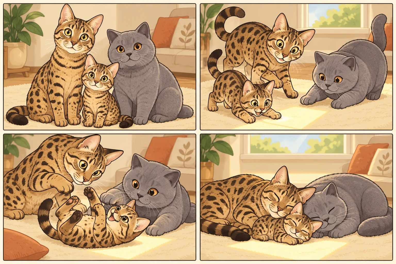 サバンナ + スコティッシュ・ストレートと架空の子猫ちいさなプリンが遊ぶAI家族漫画。日なたを追いかけてお昼寝、4コマ、文字なし。
