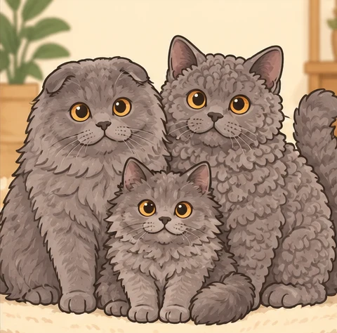 苏格兰长毛折耳猫 × 塞尔凯克卷毛猫与虚拟后代枫糖的AI家庭合影
