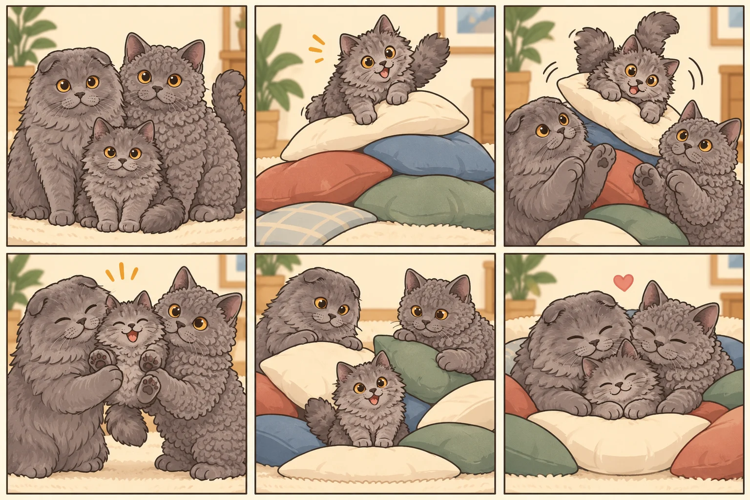スコティッシュフォールド・ロングヘア + セルカークレックスと架空の子猫メープルシュガーが遊ぶAI家族漫画。クッションの山の冒険、6コマ、文字なし。