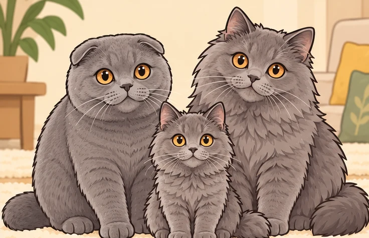 苏格兰折耳猫 × 苏格兰立耳长毛猫与虚拟后代星河豆的AI家庭合影