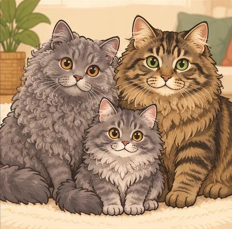 塞尔凯克卷毛猫长毛型 × 西伯利亚猫与虚拟后代小花卷的AI家庭合影