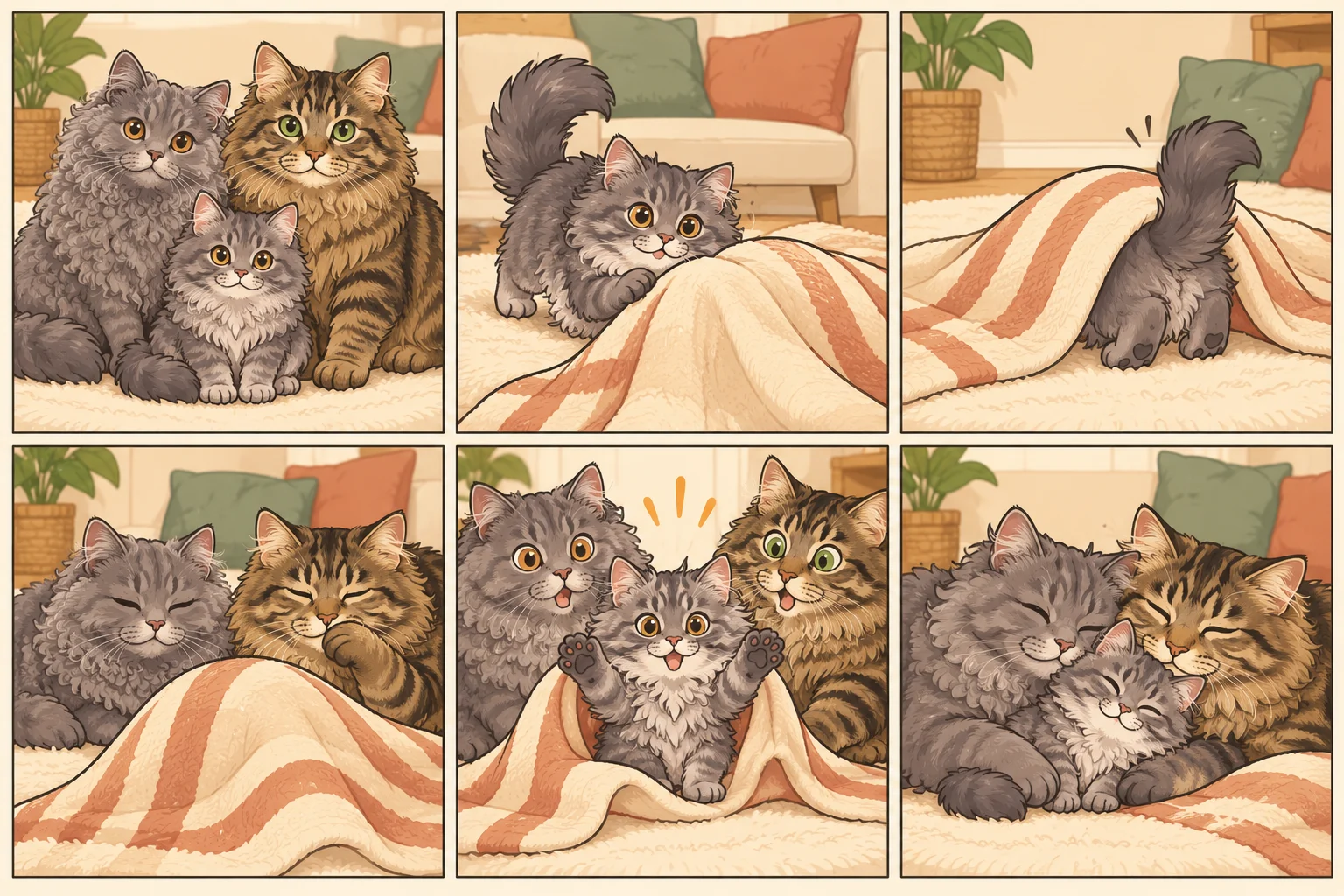 セルカークレックス・ロングヘア + サイベリアンと架空の子猫ちいさな渦巻きが遊ぶAI家族漫画。毛布の中のかくれんぼ、6コマ、文字なし。