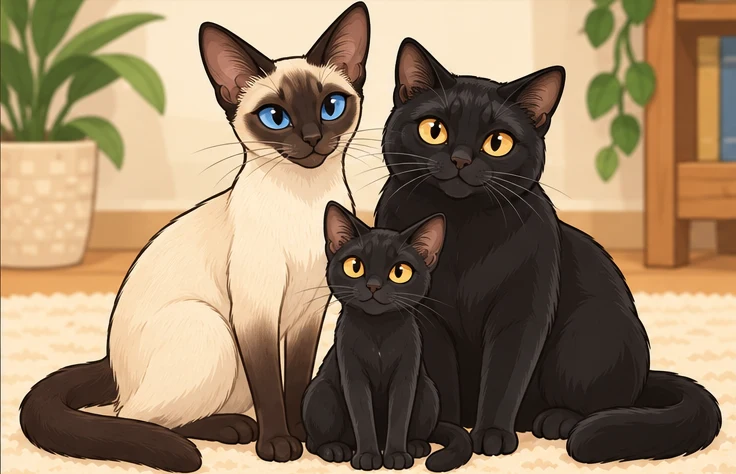 暹罗猫 × 孟买猫与虚拟后代午夜精灵的AI家庭合影