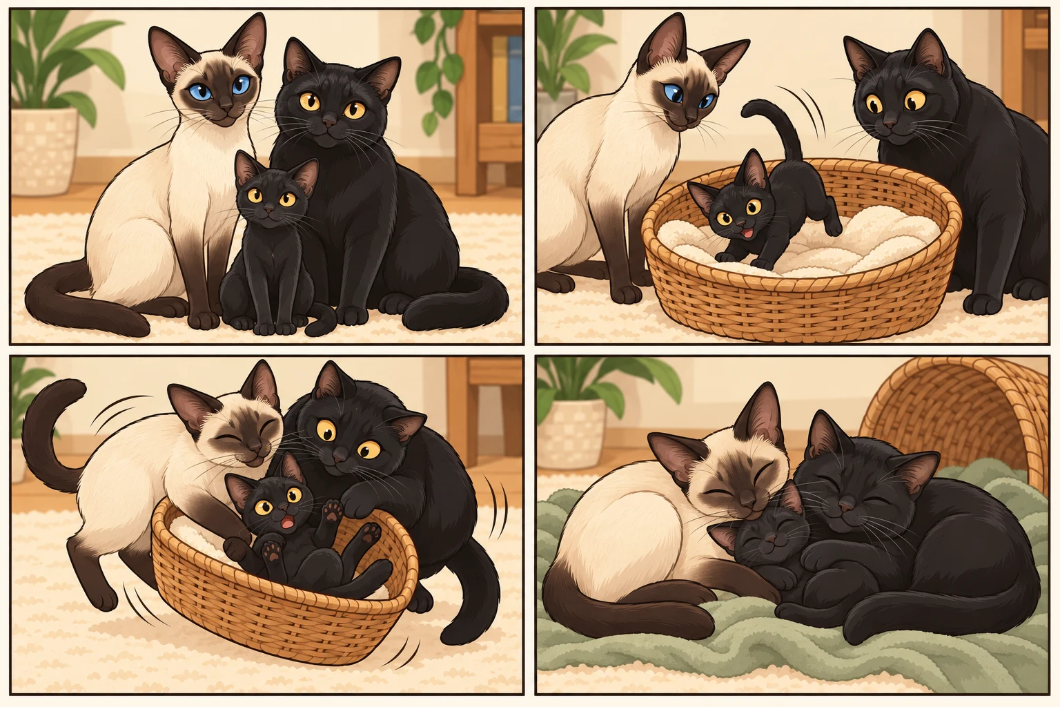 暹罗猫 + 孟买猫与虚拟小猫午夜精灵一起玩耍的 AI 卡通家庭漫画:午睡篮子争夺战,共4格,无文字。