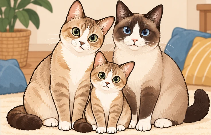 新加坡猫 × 雪鞋猫与虚拟后代暖雪球的AI家庭合影