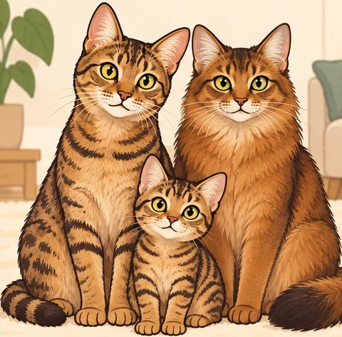 索科克猫(Sokoke) × 索马里猫与虚拟后代胡桃酥的AI家庭合影