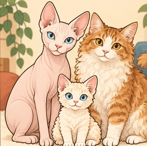 斯芬克斯猫 × 田纳西卷毛猫(Tennessee Rex)与虚拟后代小月饼的AI家庭合影