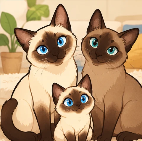 泰国猫(Thai) × 东奇尼猫与虚拟后代香草团的AI家庭合影