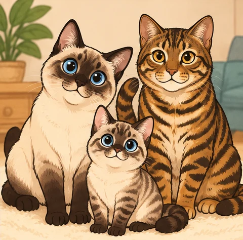 玩偶短尾猫(Toybob) × 玩具虎猫(Toyger)与虚拟后代蜂蜜豆的AI家庭合影