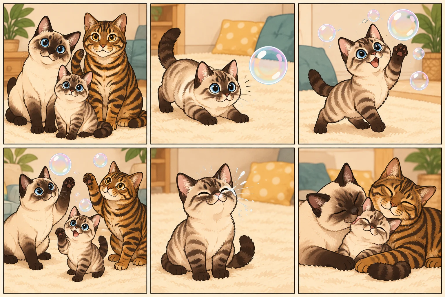 玩偶短尾猫（Toybob） + 玩具虎猫（Toyger）与虚拟小猫蜂蜜豆一起玩耍的 AI 卡通家庭漫画：追泡泡的小冠军，共6格，无文字。