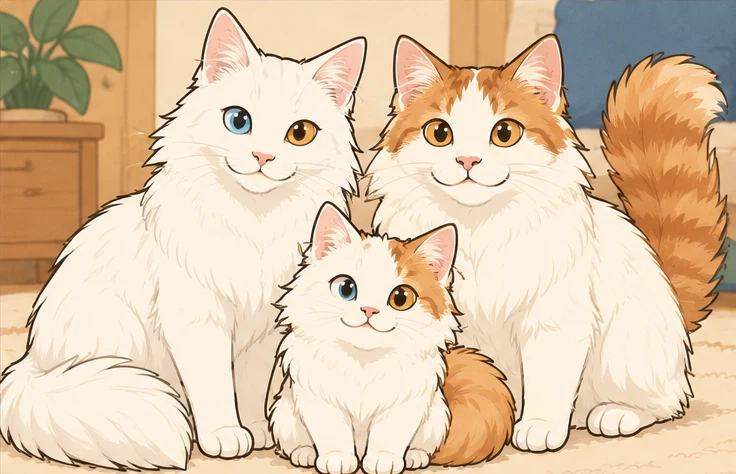 土耳其安哥拉猫 × 土耳其梵猫与虚拟后代樱桃糖的AI家庭合影