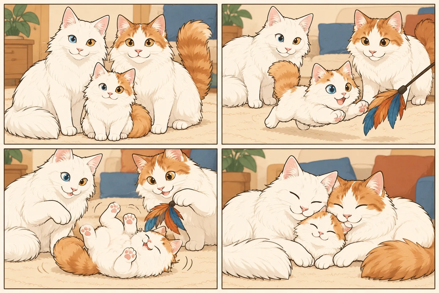 土耳其安哥拉猫 + 土耳其梵猫与虚拟小猫樱桃糖一起玩耍的 AI 卡通家庭漫画：追逐羽毛的小冒险，共4格，无文字。