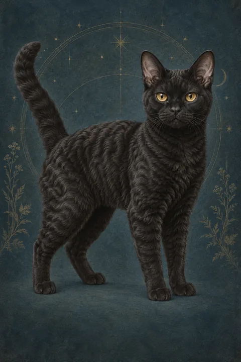 德国卷毛猫 · 纯黑色短波浪卷毛，金黄色中等大小眼睛 · 原创品种示意插画