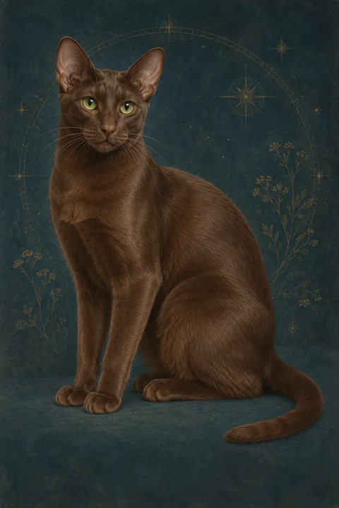 哈瓦那猫（Havana） · 纯桃花心木棕色短毛，椭圆形鲜绿色眼睛 · 原创品种示意插画