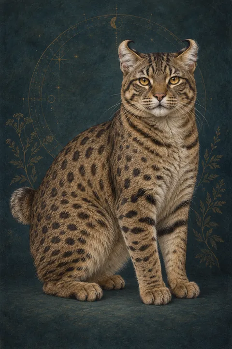 高地短毛猫（Highlander Shorthair） · 棕色黑斑点虎斑短毛，金色眼睛 · 原创品种示意插画