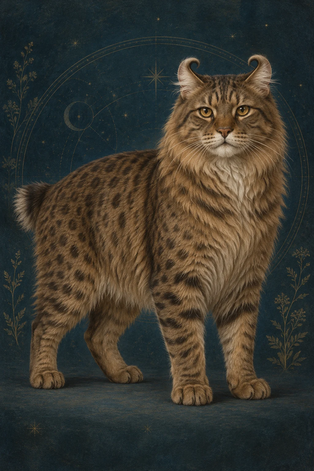 Highlander · Brown spotted tabby longhair with gold eyes · Original breed illustration