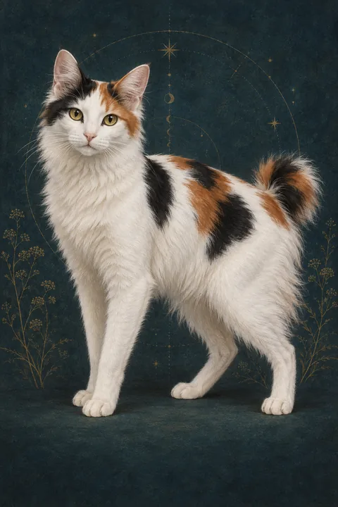 日本短尾猫长毛型 · 黑红白三花半长毛，金色椭圆眼，绒球状短尾 · 原创品种示意插画