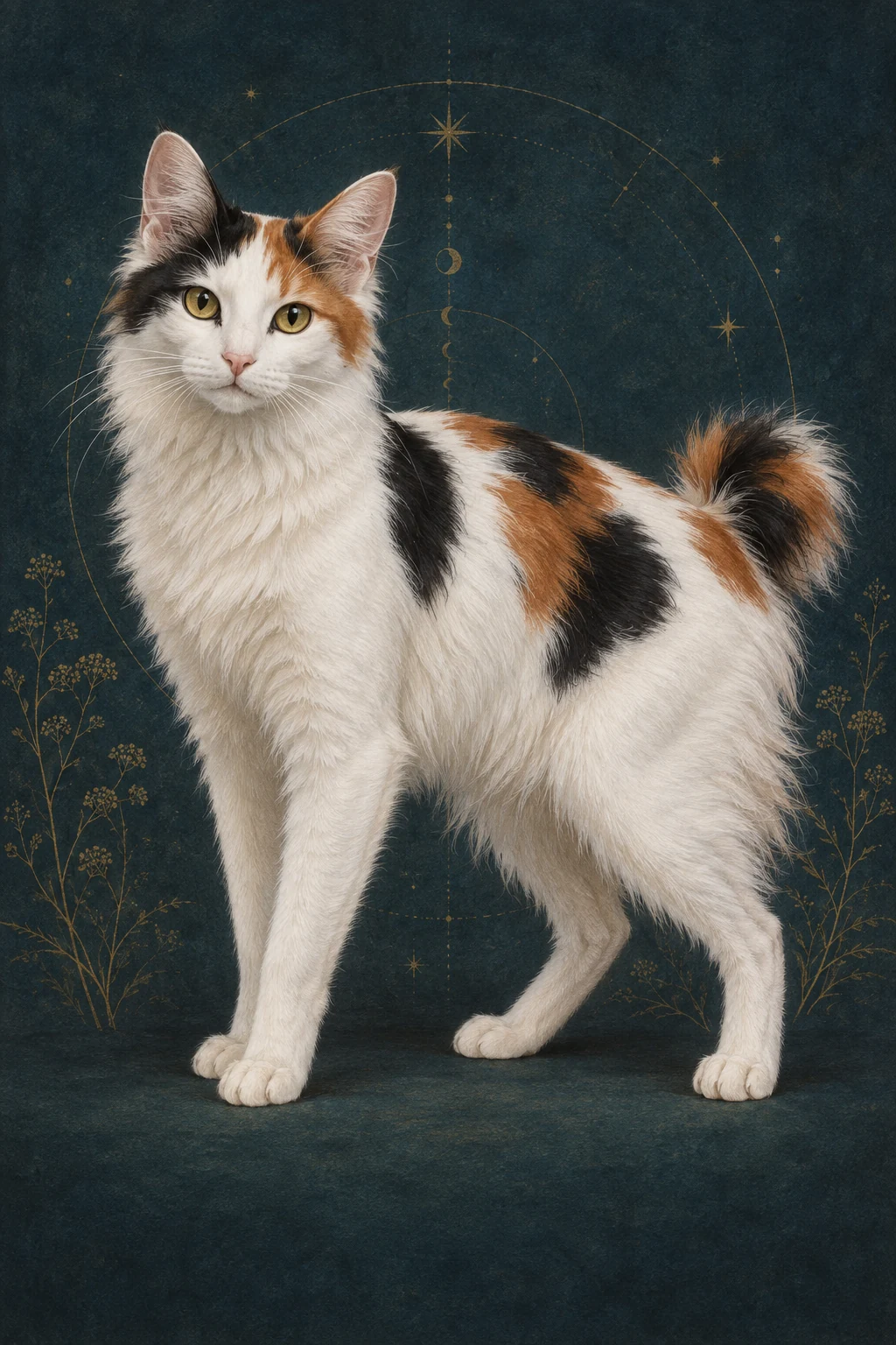 日本短尾猫长毛型 · 黑红白三花半长毛,金色椭圆眼,绒球状短尾 · 原创品种示意插画