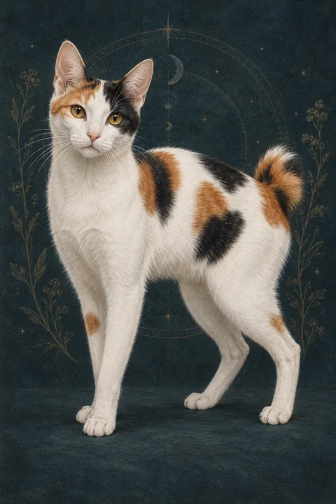 日本短尾猫 · 白底黑橘三花短毛，琥珀色椭圆眼，绒球短尾 · 原创品种示意插画