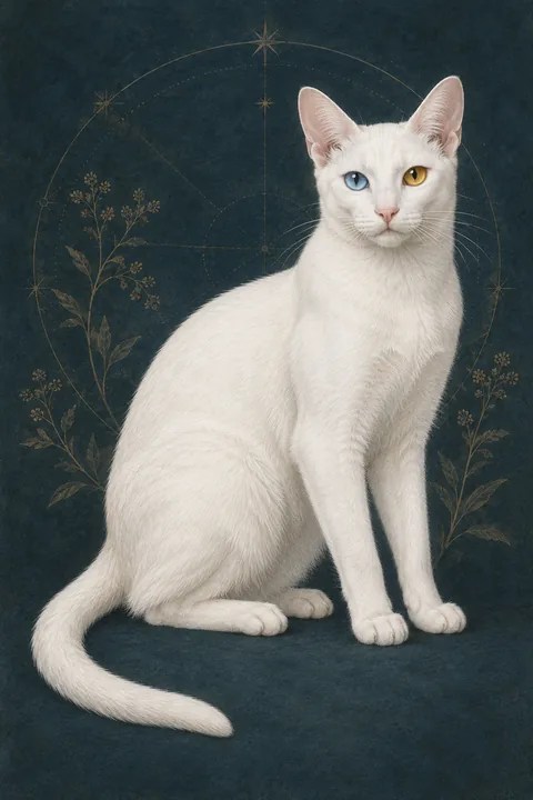 考曼尼猫（Khaomanee） · 纯白短毛，杏仁形异色眼：猫的右眼蓝色、左眼琥珀色 · 原创品种示意插画