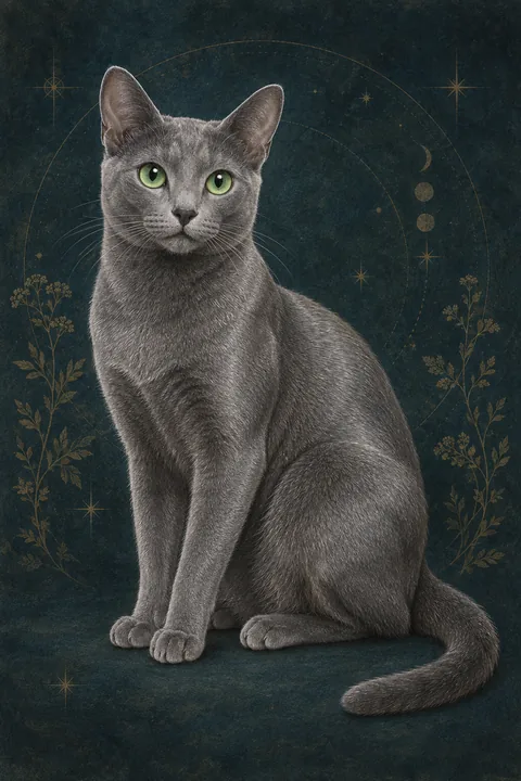 科拉特猫（Korat） · 纯蓝色银尖短毛，明亮绿色圆眼 · 原创品种示意插画