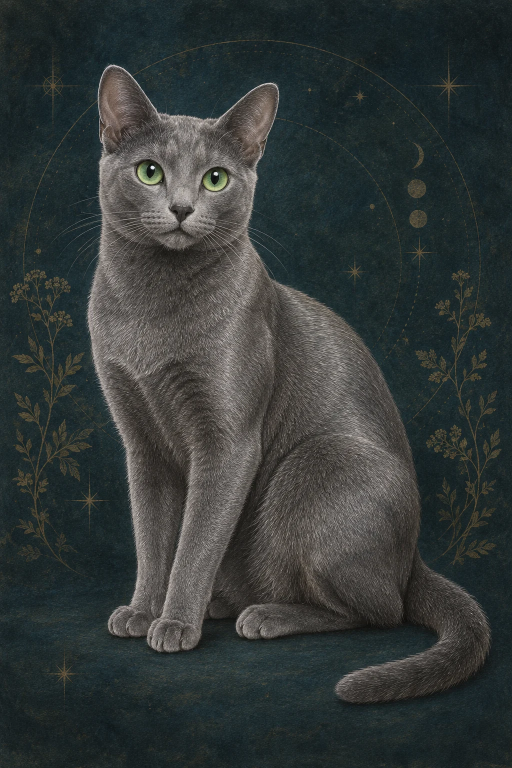 科拉特猫(Korat) · 纯蓝色银尖短毛,明亮绿色圆眼 · 原创品种示意插画